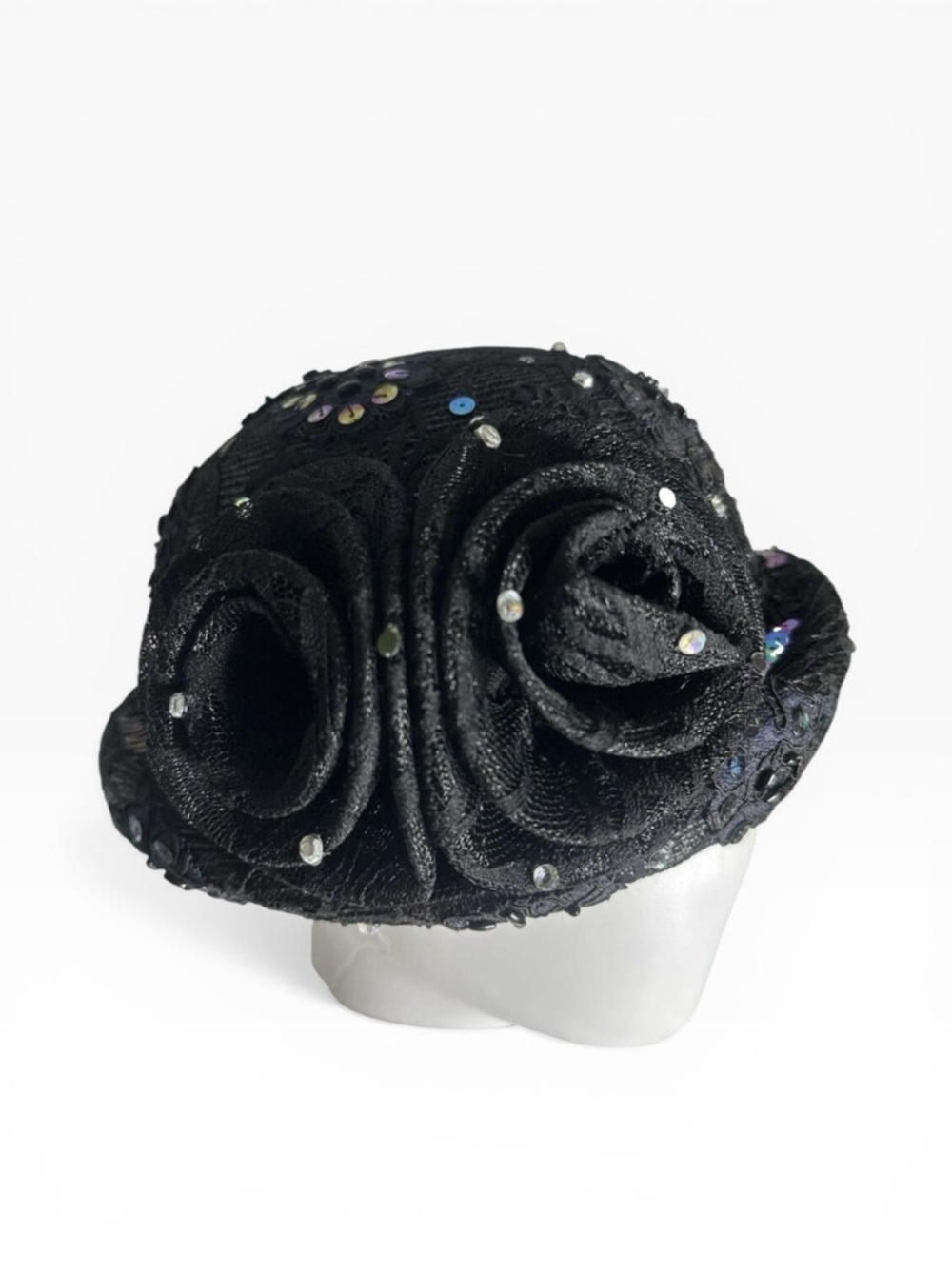 Vintage Mr. Hi's Classic Cloche Hat Womens Black Sequin Rhinestone Church Lady